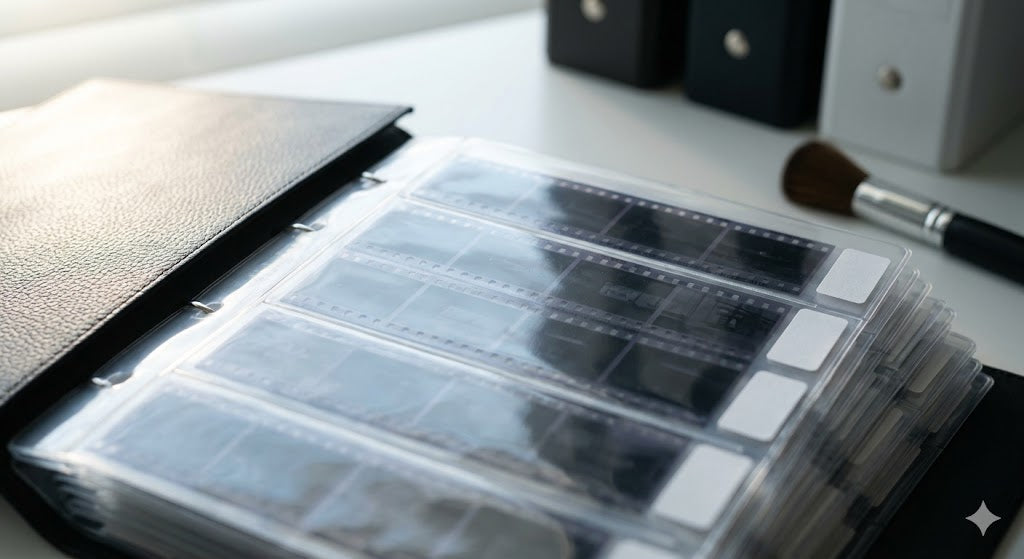 Film negatives stored in a clear archival pre-negative sleeve inside a professional binder.