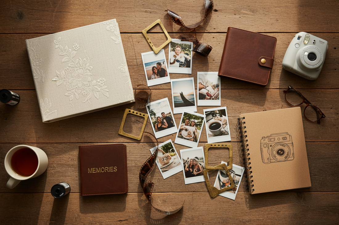 Flat lay of photo albums, instant film frames, and Instax mini prints arranged on a wooden surface — TrailMate photo album guide