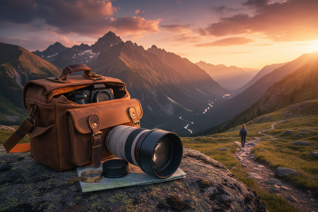 A professional photography kit featuring camera lens protection, durable camera bag, and essential cleaning tools, by Trail-Mate.