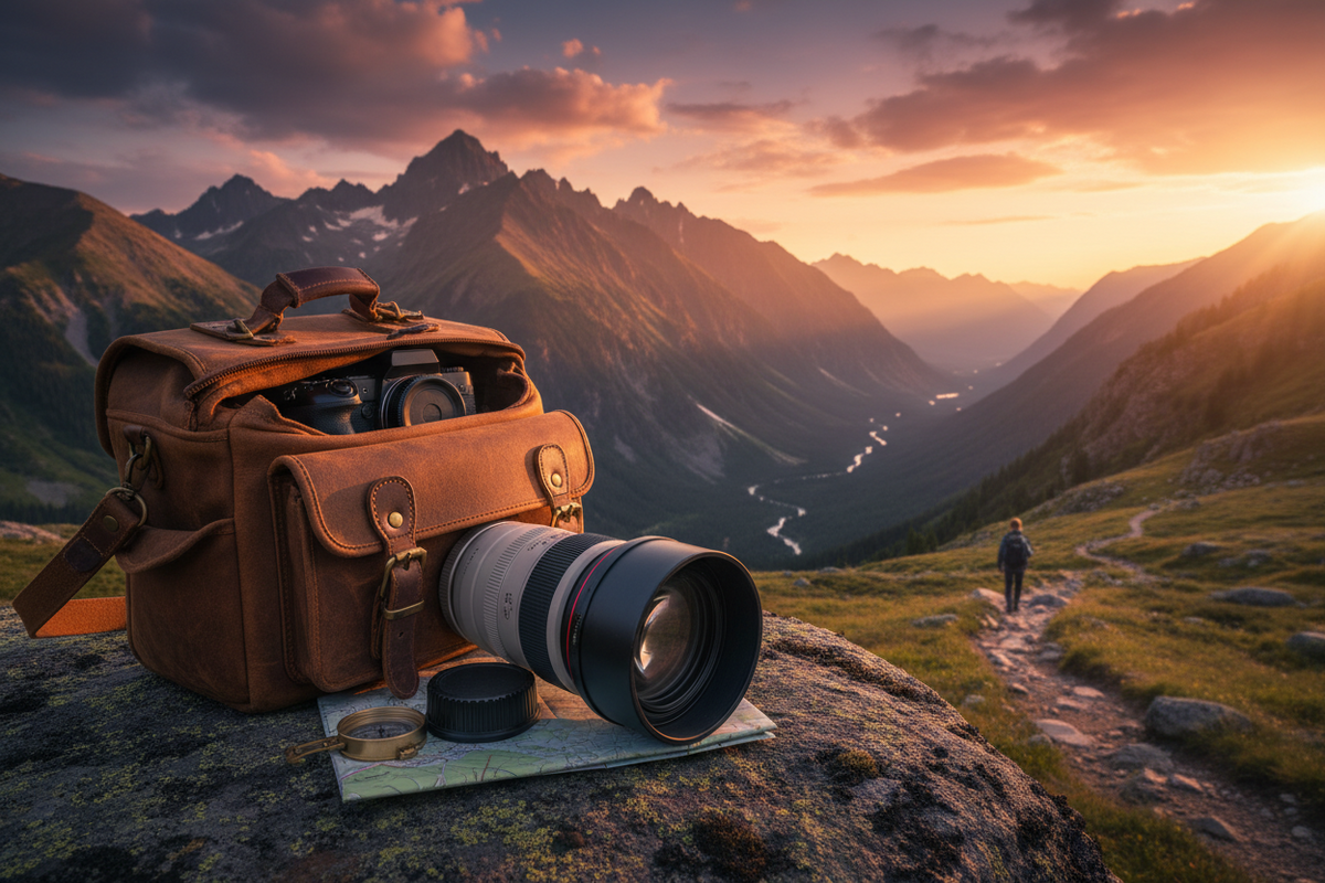 A professional photography kit featuring camera lens protection, durable camera bag, and essential cleaning tools, by Trail-Mate.