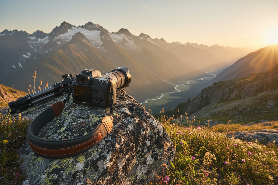 A professional photography kit featuring ergonomic camera straps, a durable camera bag, and essential gear, by Trail-Mate.