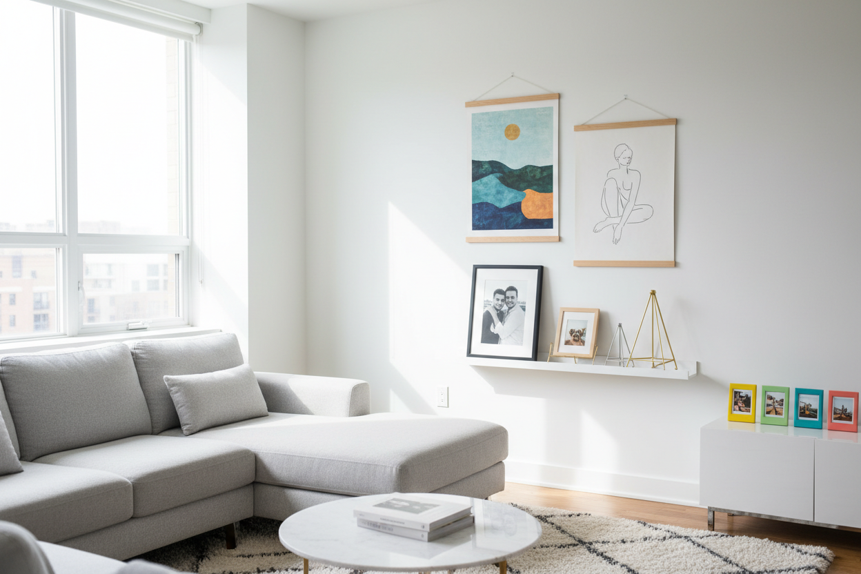 Damage-free apartment gallery wall with magnetic poster hangers, easel display stands, and Instax Mini magnetic frames