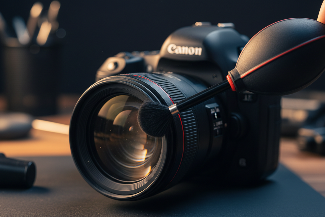 A professional photography maintenance kit featuring camera cleaning tools, lens cap, and a durable camera bag, by Trail-Mate.