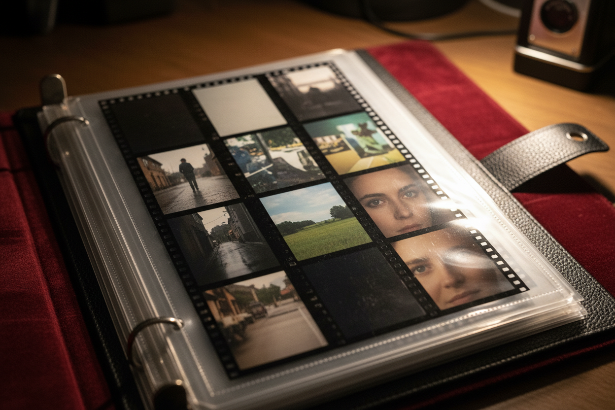 A professional film archiving setup featuring an archived pre-negative sleeve, film binders, and cleaning tools, by Trail-Mate.