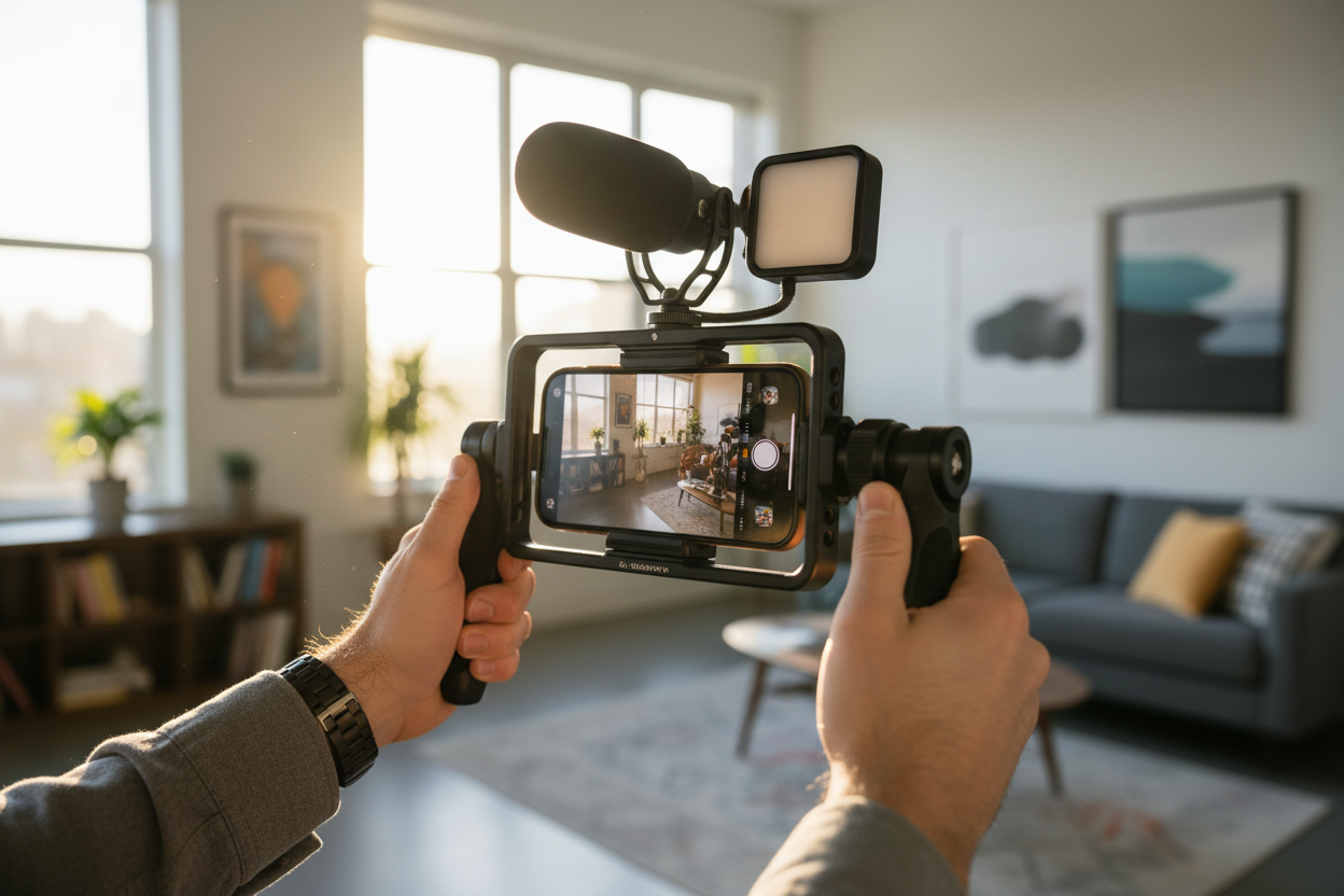 A modern sunlit creator studio showing a high-quality smartphone cages setup and a durable camera bags & inserts packing system designed to maximize mobile video stability and operational workflow for solo vloggers, by Trail-Mate.