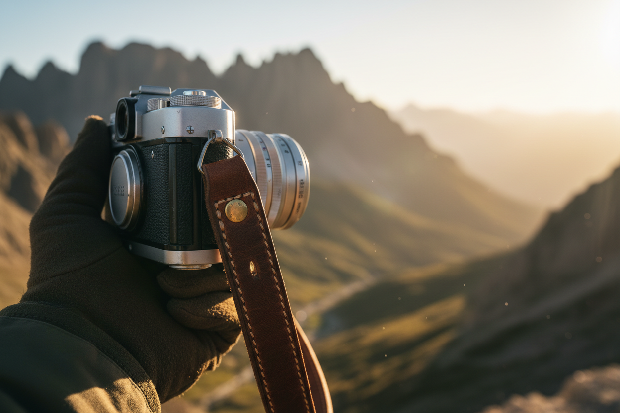 A professional mirrorless camera rig fitted with a secure leather camera strap and durable field equipment that maximizes shooting stability and prevents gear drops, by Trail-Mate.