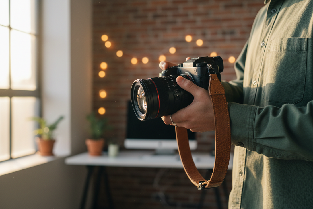 A documentary-style image showing a creator setting up a mirrorless camera secured by a Peak Design camera strap and a smartphone cage in a sunlit studio, next to an opened camera bag, by Trail-Mate.