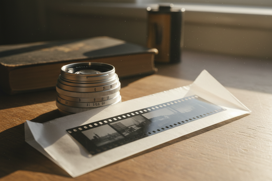 A beautiful and tactile analog archiving workspace showing a professional museum-grade archived pre-negative sleeve and a durable film storage box designed to maximize historical negative preservation, by Trail-Mate.
