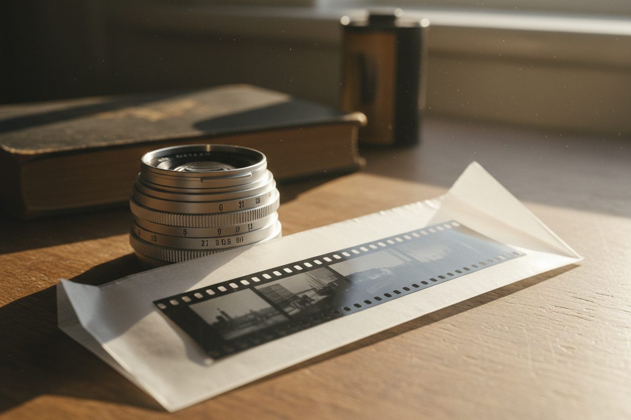 A beautiful and tactile analog archiving workspace showing a professional museum-grade archived pre-negative sleeve and a durable film storage box designed to maximize historical negative preservation, by Trail-Mate.