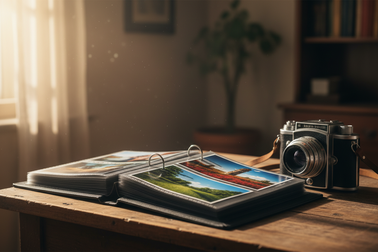 A beautiful and tactile analog archiving workspace showing a professional museum-grade photo print storage book and a durable photo display stand designed to maximize historical print preservation, by Trail-Mate.