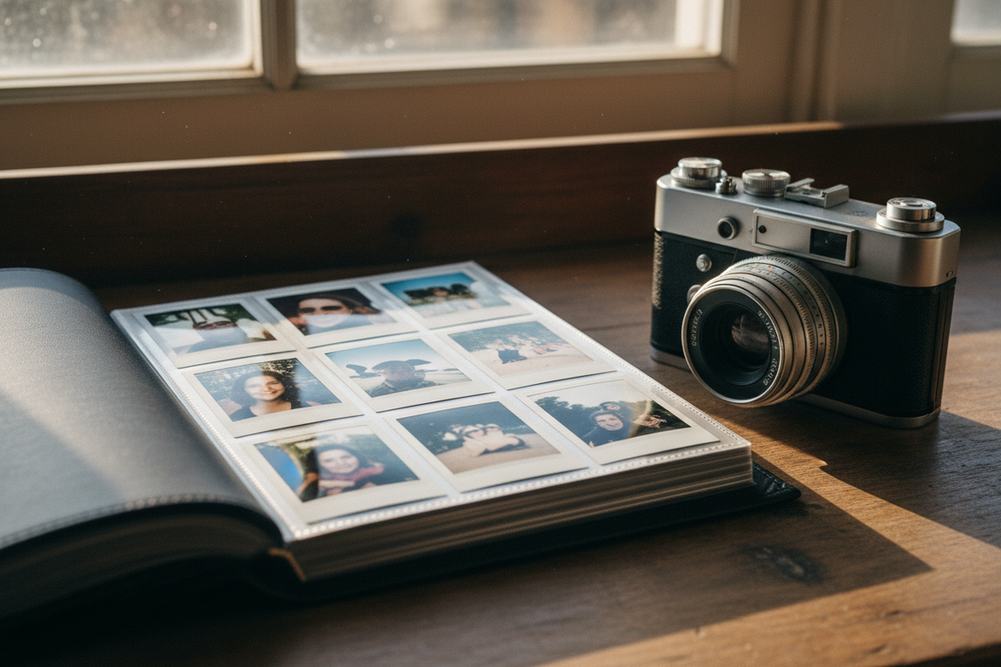 A modern sunlit creator studio showing a high-quality instant camera and a durable photo print storage book designed to maximize mobile stability and operational workflow for solo vloggers, by Trail-Mate.