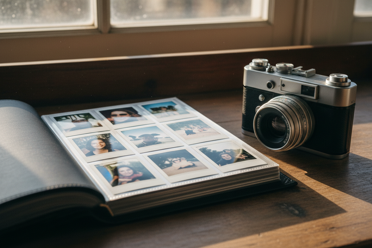 A modern sunlit creator studio showing a high-quality instant camera and a durable photo print storage book designed to maximize mobile stability and operational workflow for solo vloggers, by Trail-Mate.