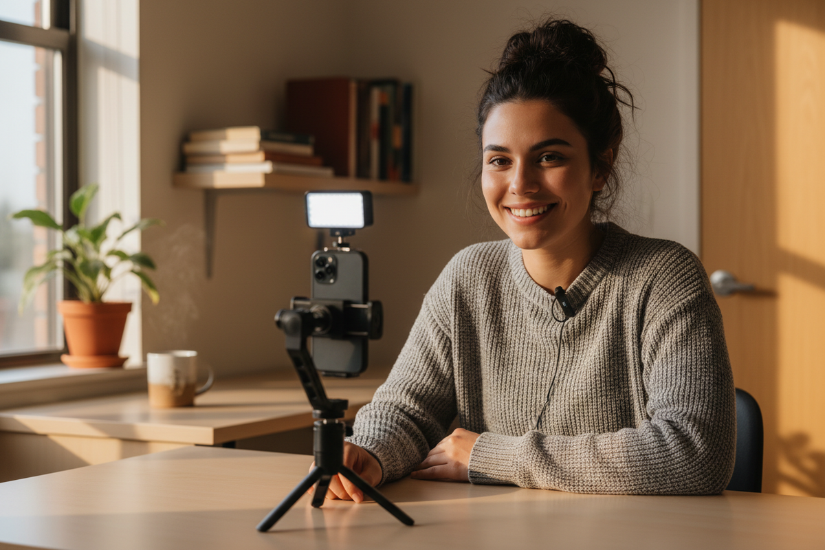 College student recording content with a wired lavalier mic and smartphone rig in a dorm room