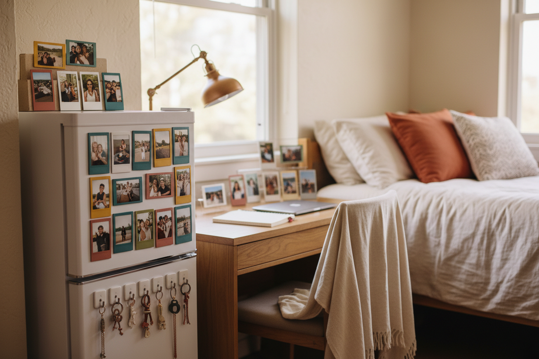 College dorm room decorated with Instax photo frames and magnetic hooks on a mini-fridge