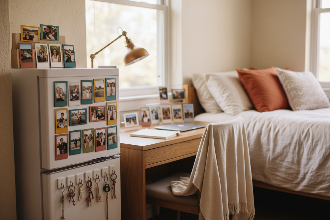 College dorm room decorated with Instax photo frames and magnetic hooks on a mini-fridge