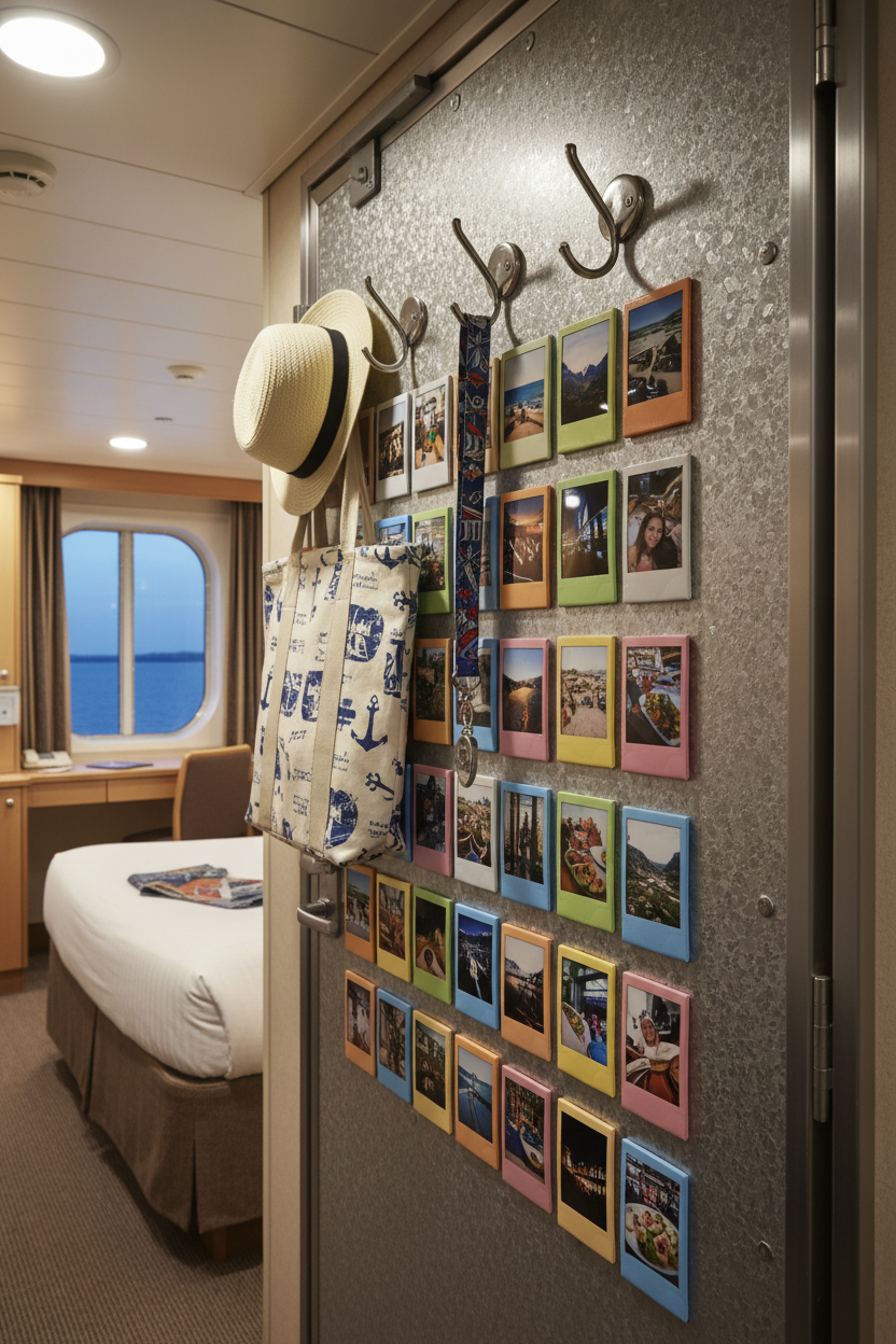 Magnetic hooks and Instax Mini photo frames displayed on a cruise cabin door for damage-free organization and photo display