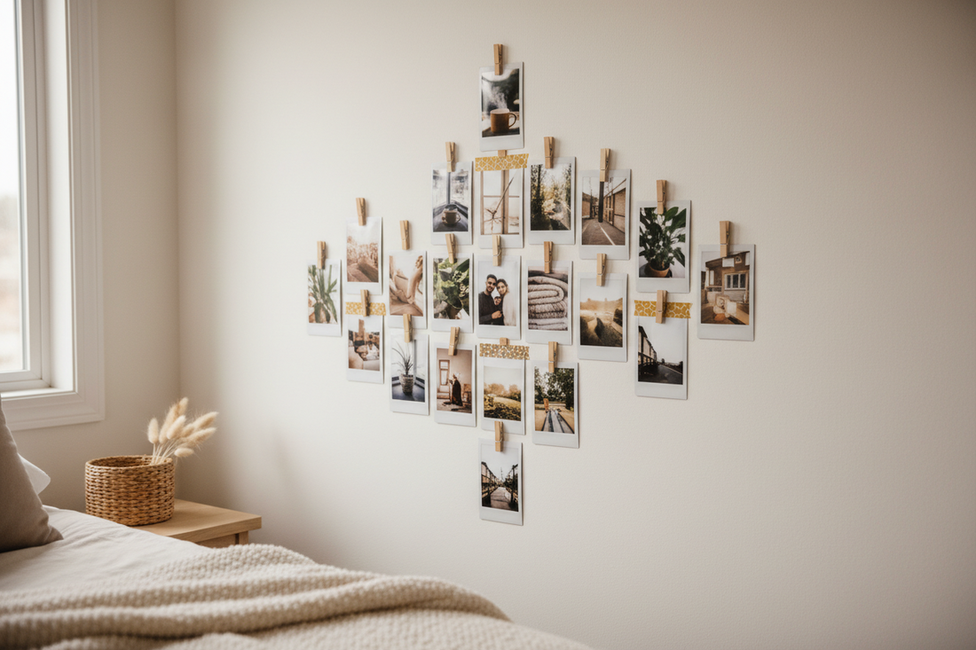 Instax Mini photos displayed in a gallery wall cluster using washi tape and wooden clips on a warm white bedroom wall