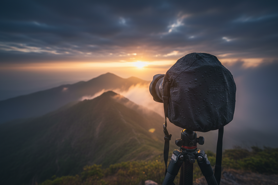 Waterproof camera cover protecting a DSLR on a rainy mountain trail during outdoor photography