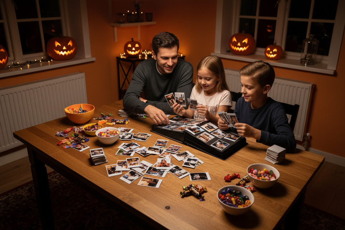 Family organizing Halloween instant prints into a Polaroid photo album at a kitchen table with jack-o-lanterns in the background