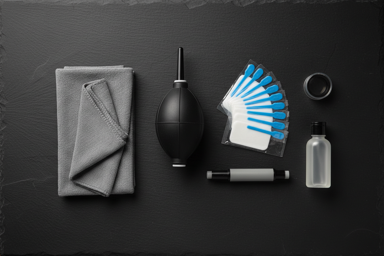 Best camera cleaning kit for mirrorless and DSLR cameras — sensor swabs, rocket blower, lens pen, and microfiber cloth flat lay