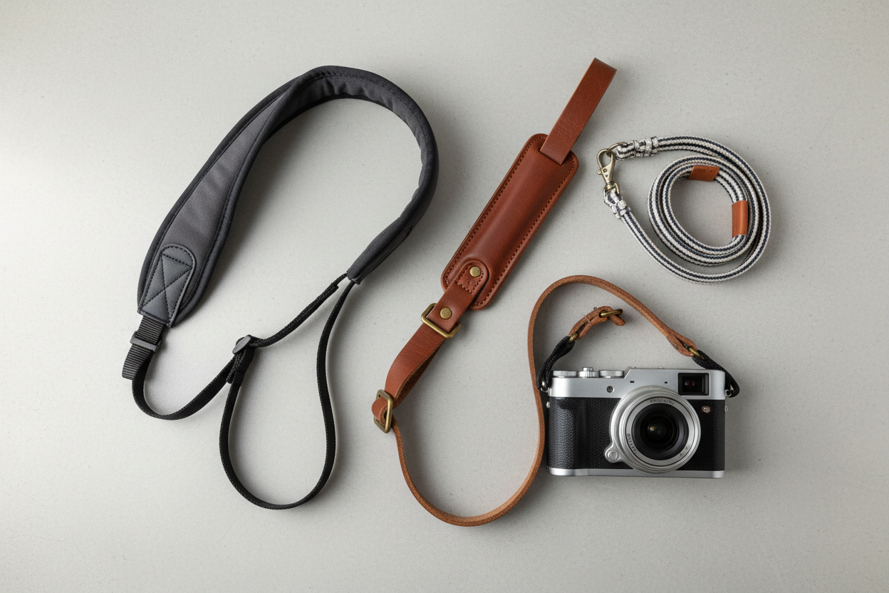Best camera straps for everyday carry and travel in 2026 — neck strap, sling strap, and wrist strap flat lay with mirrorless camera