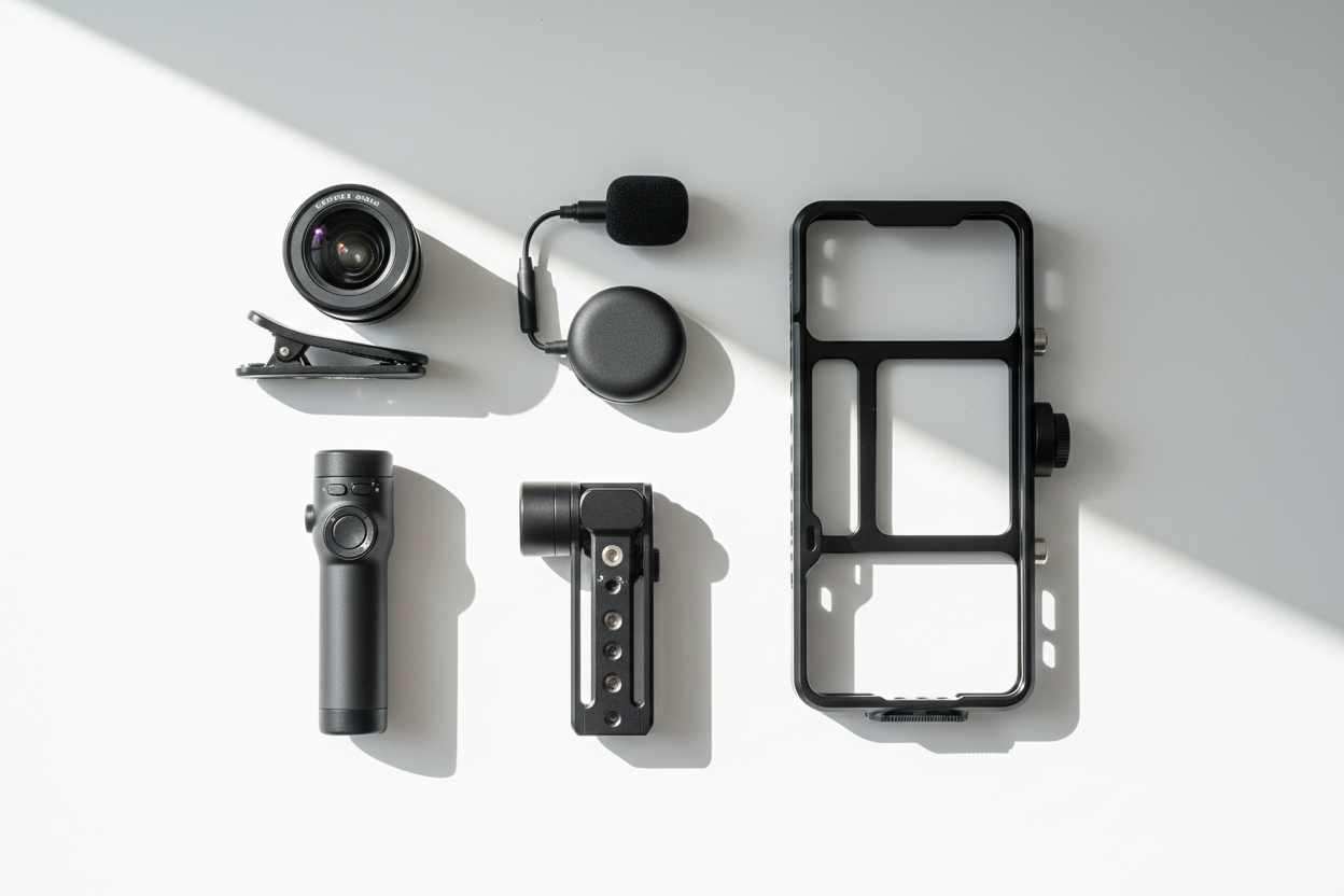 Best smartphone camera accessories for content creators in 2026 — mobile lens, gimbal, mic, and phone cage flat lay