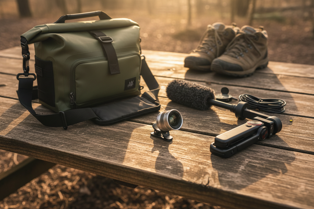 Flat lay of smartphone camera accessories including wide-angle lens, gimbal stabilizer, shotgun microphone, and waterproof camera bag on a wooden surface