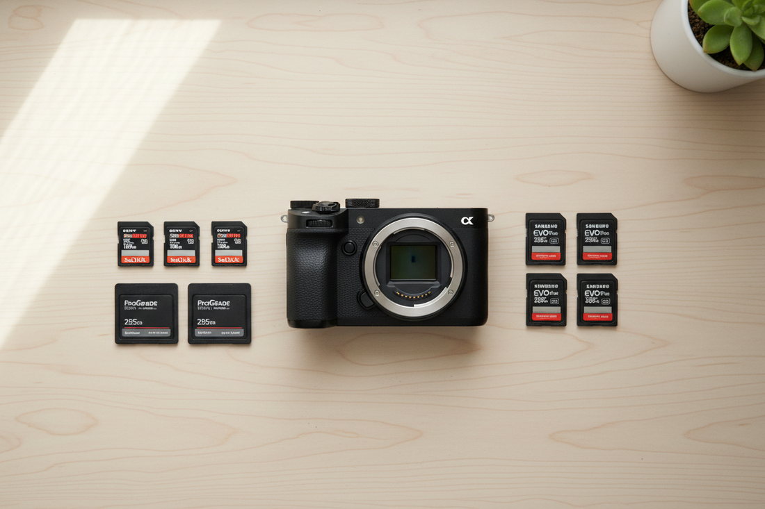Flat lay of SD, CFexpress, and microSD memory cards arranged next to a mirrorless camera on a wooden desk with soft natural light