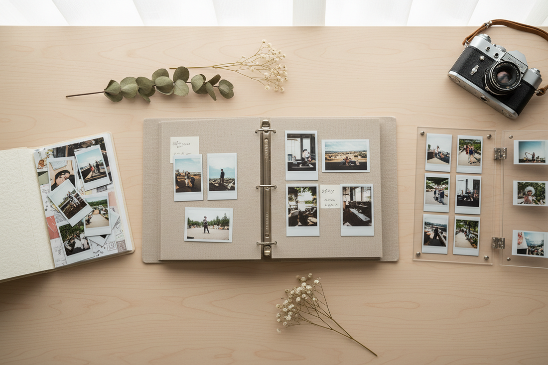 A flat lay of various photo albums open on a light wooden desk including a linen-covered binder album, a self-adhesive scrapbook with Polaroid prints, and an acrylic Instax Mini frame with soft natural light and a vintage film camera
