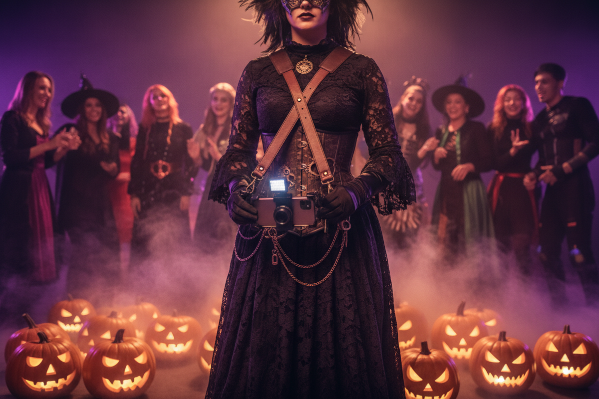 Halloween party host shooting hands-free with a phone rig and camera sling strap surrounded by costumed guests
