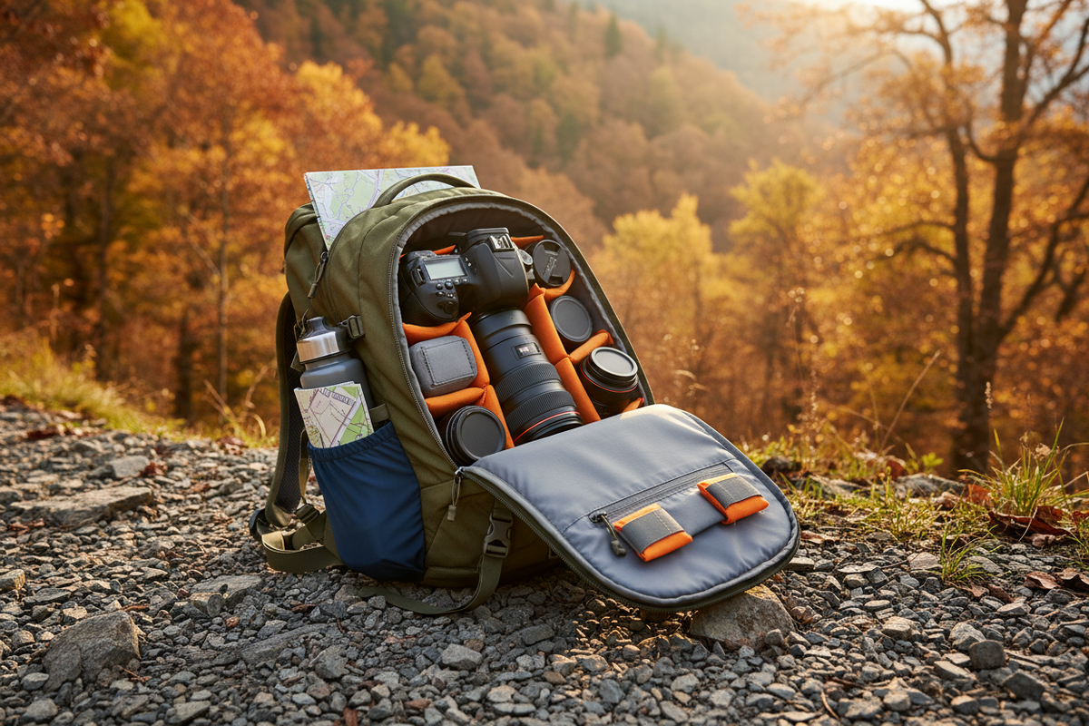 Hiking backpack with a padded camera bag insert holding a DSLR and lenses on a fall trail