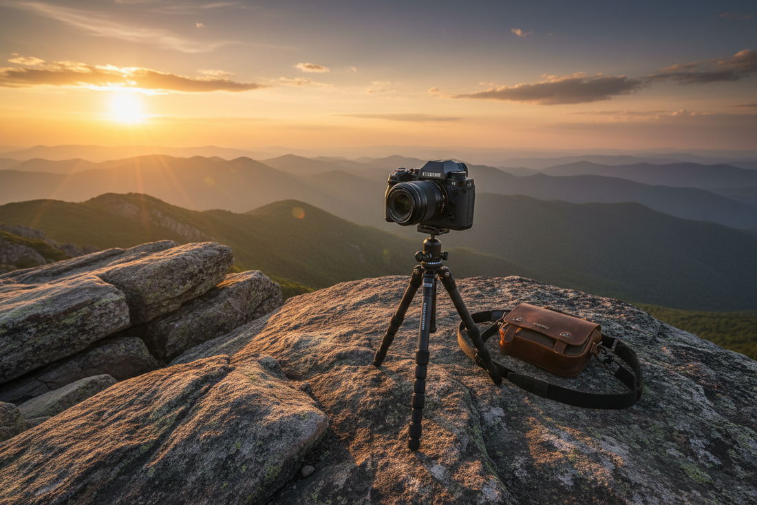 Mirrorless camera on a lightweight travel tripod set up on a rocky mountain viewpoint during golden hour