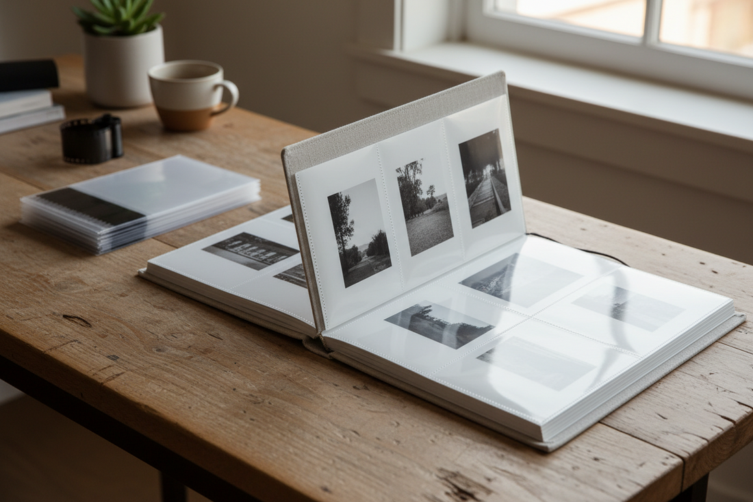 A professional organization system for analog photos and negatives using high-quality storage books and binders, by Trail-Mate.