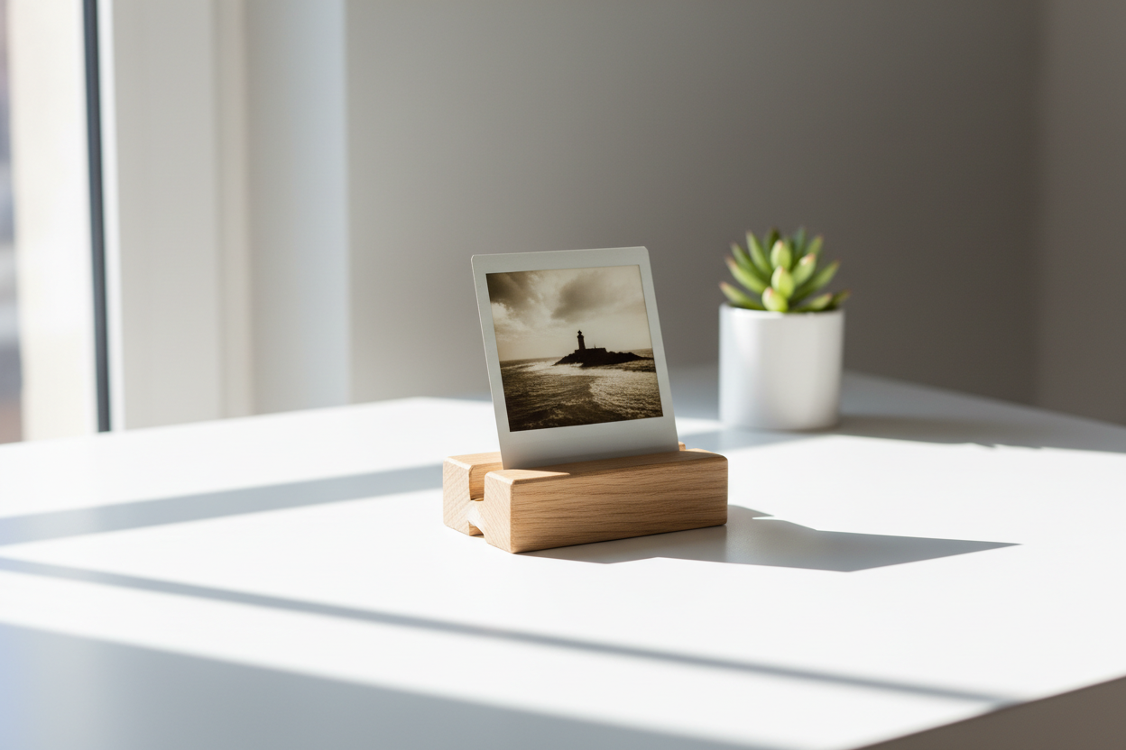 A stylish wooden photo display stand showcasing a candid instant camera photo, by Trail-Mate.
