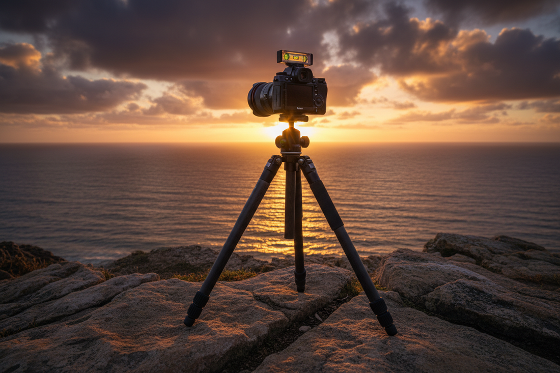 Mirrorless camera with hot shoe bubble level on a tripod at a rocky coastal cliff, showing a perfectly level horizon at golden hour