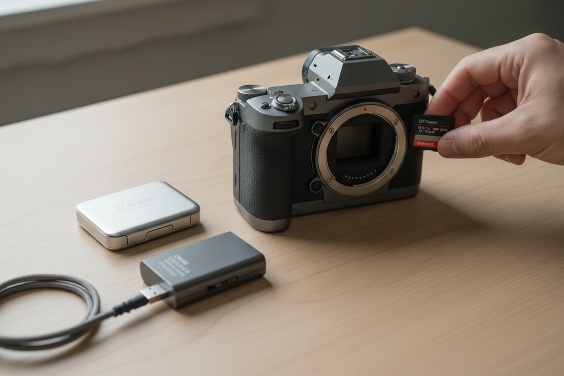 Memory card being inserted into a mirrorless camera alongside a CFexpress card and UHS-II card reader on a wooden desk
