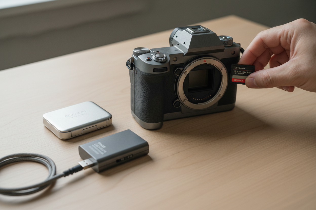 Memory card being inserted into a mirrorless camera alongside a CFexpress card and UHS-II card reader on a wooden desk