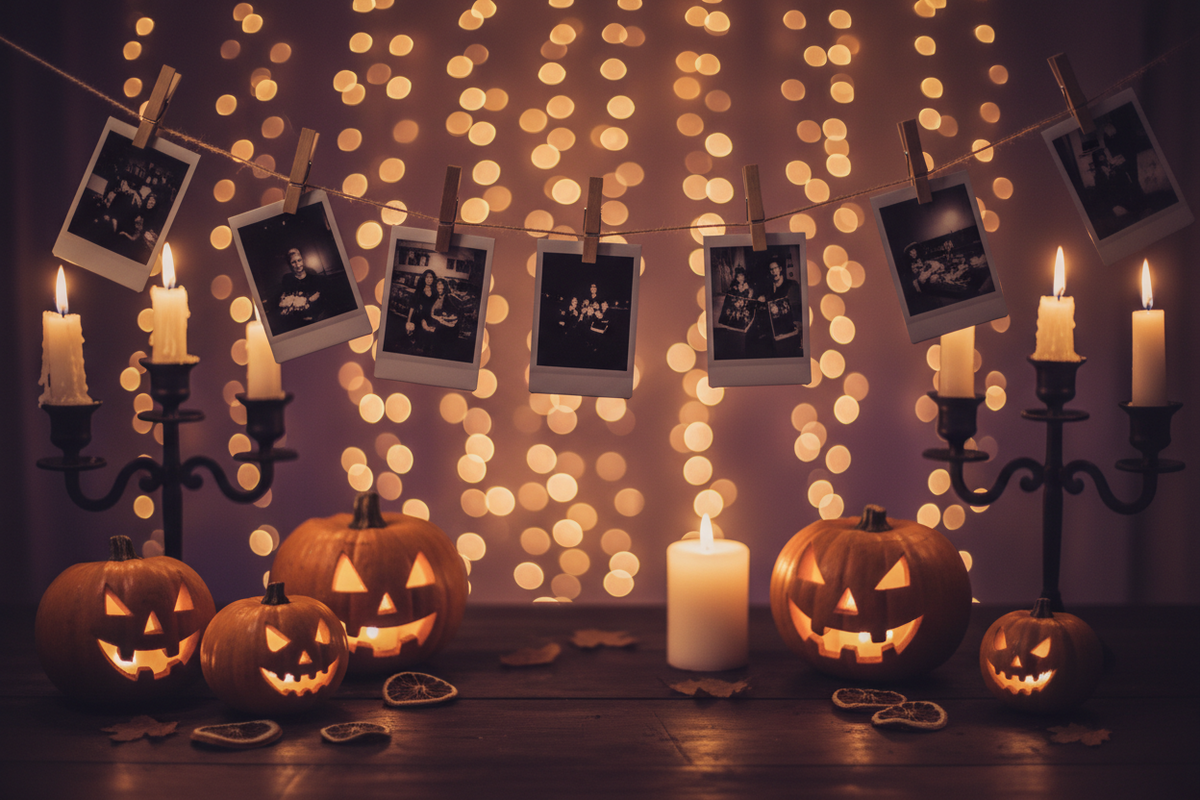 Halloween photo display wall with instant prints hung on fairy lights, surrounded by pumpkins and candles