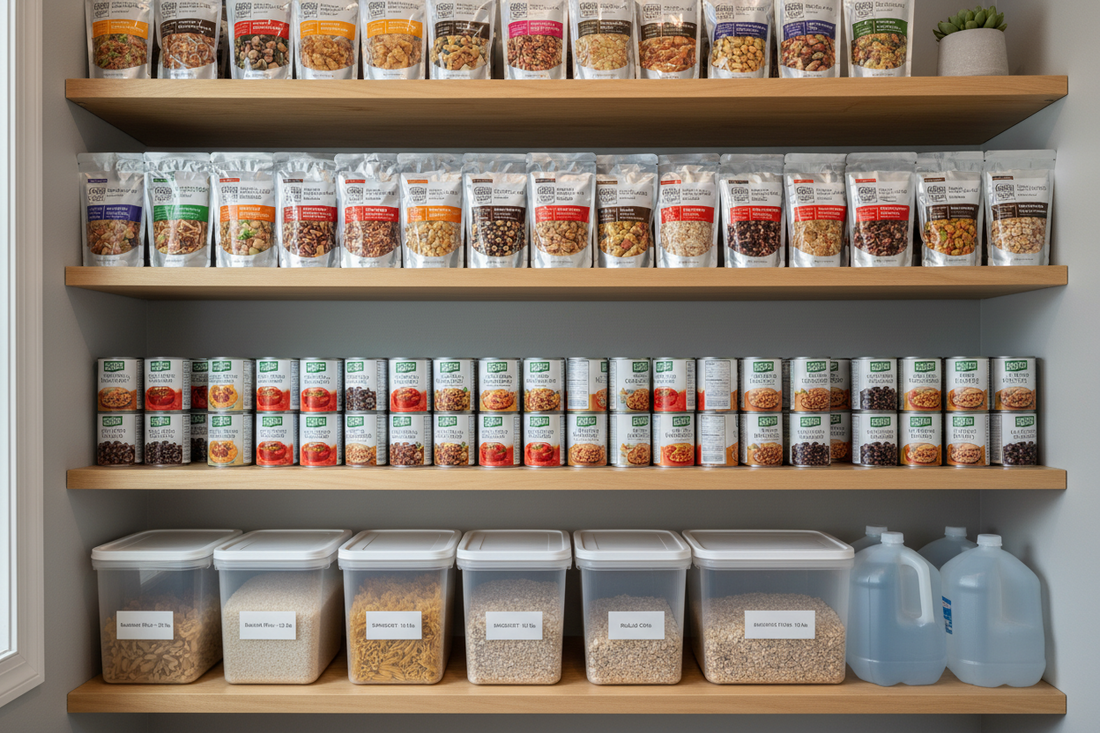 Organized emergency food storage shelf with freeze-dried meal pouches and labeled containers for National Preparedness Month
