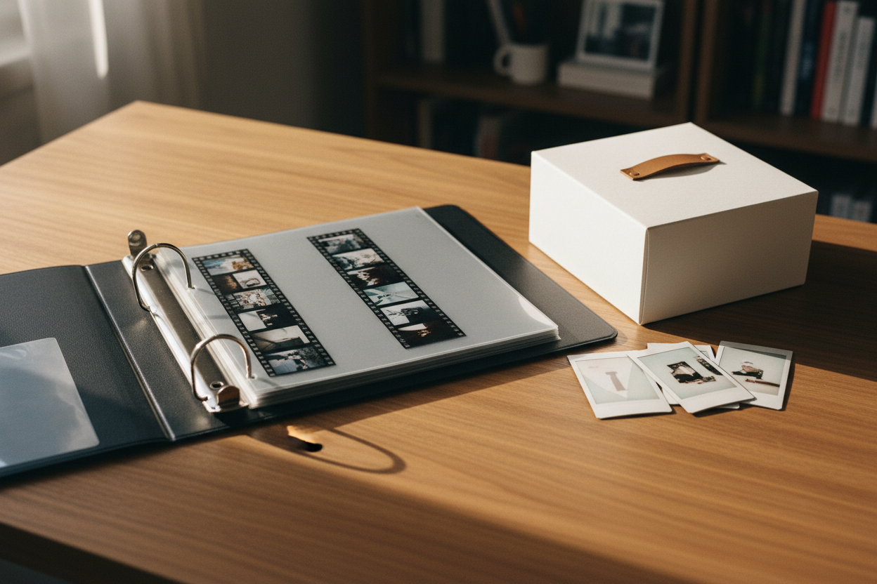 Archival 35mm film negative binder and storage box organized on a desk for home film photography archive