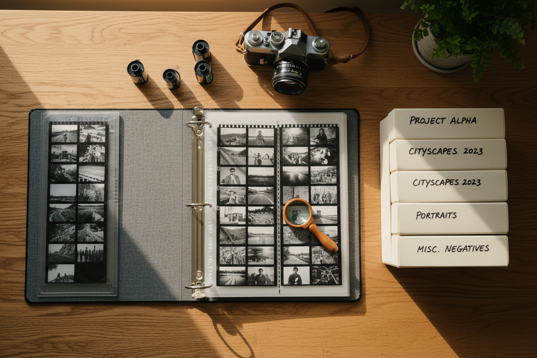 Organized film negative binder with archival sleeves and photo storage boxes on a wooden desk