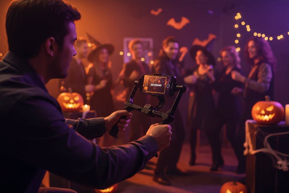 Person holding a smartphone video rig filming a Halloween party with costumed guests and glowing jack-o-lanterns in the background