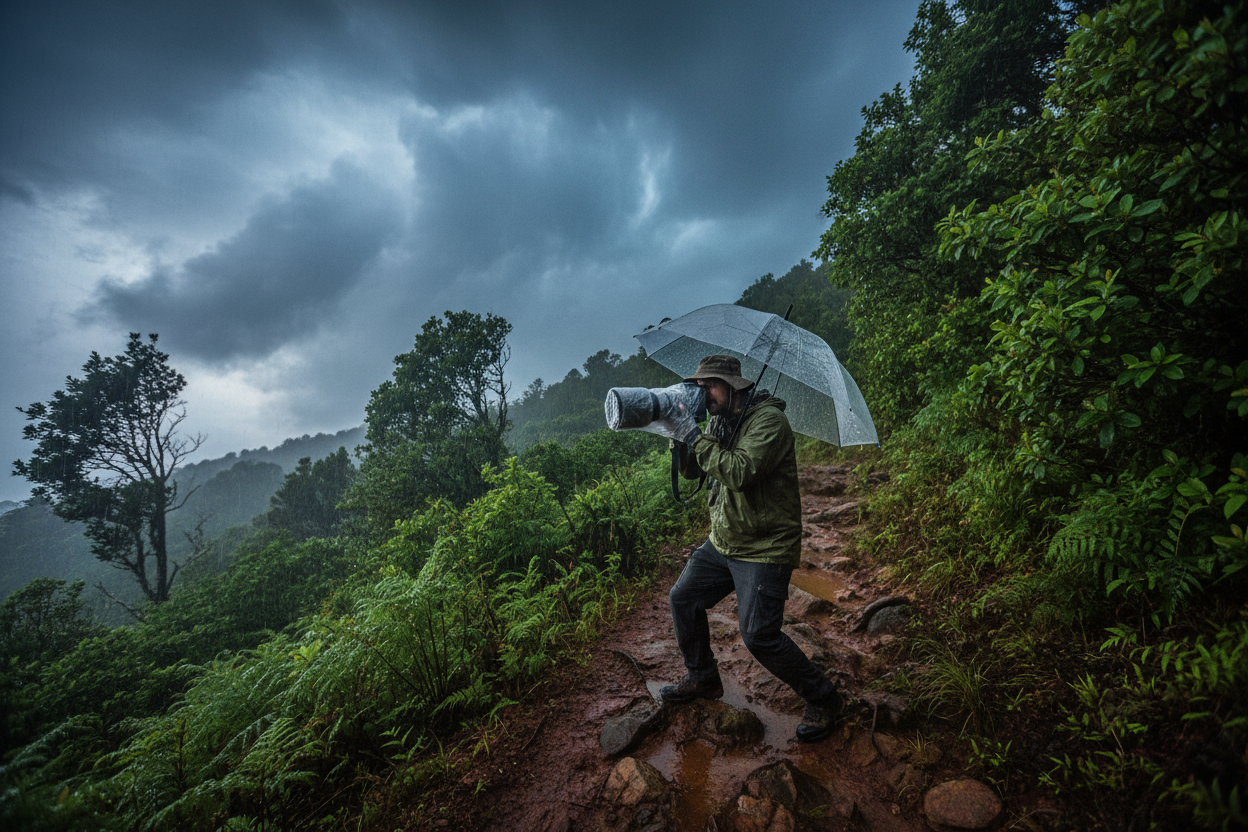 Photographer using a waterproof camera rain cover on a mountain trail during a summer storm