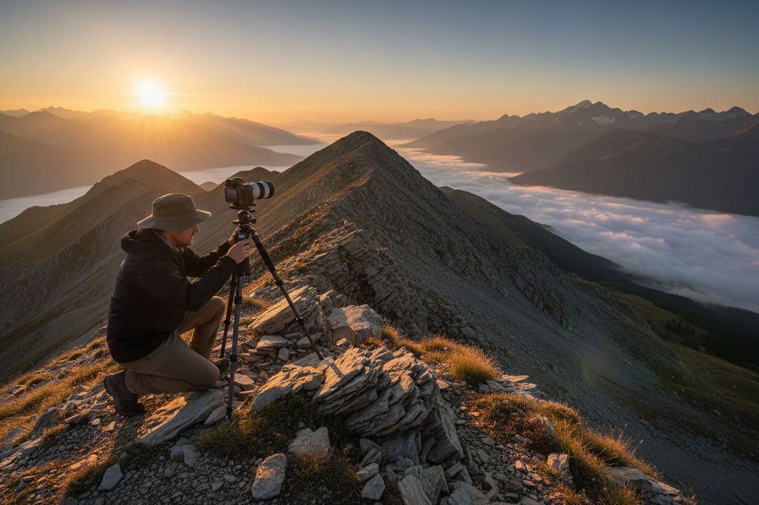 Photographer setting up tripod accessories on a rocky mountain ridge at golden hour
