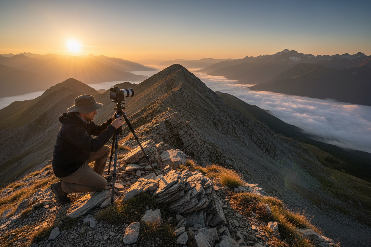Photographer setting up tripod accessories on a rocky mountain ridge at golden hour