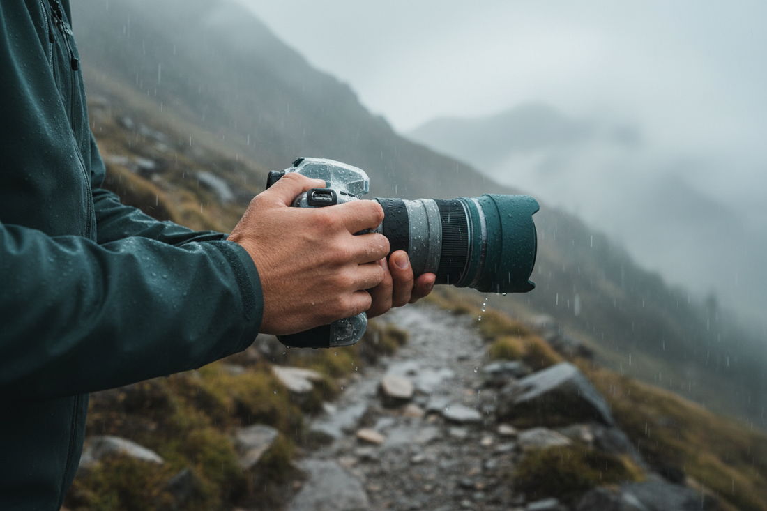 Photographer using a waterproof camera cover on a rainy mountain trail