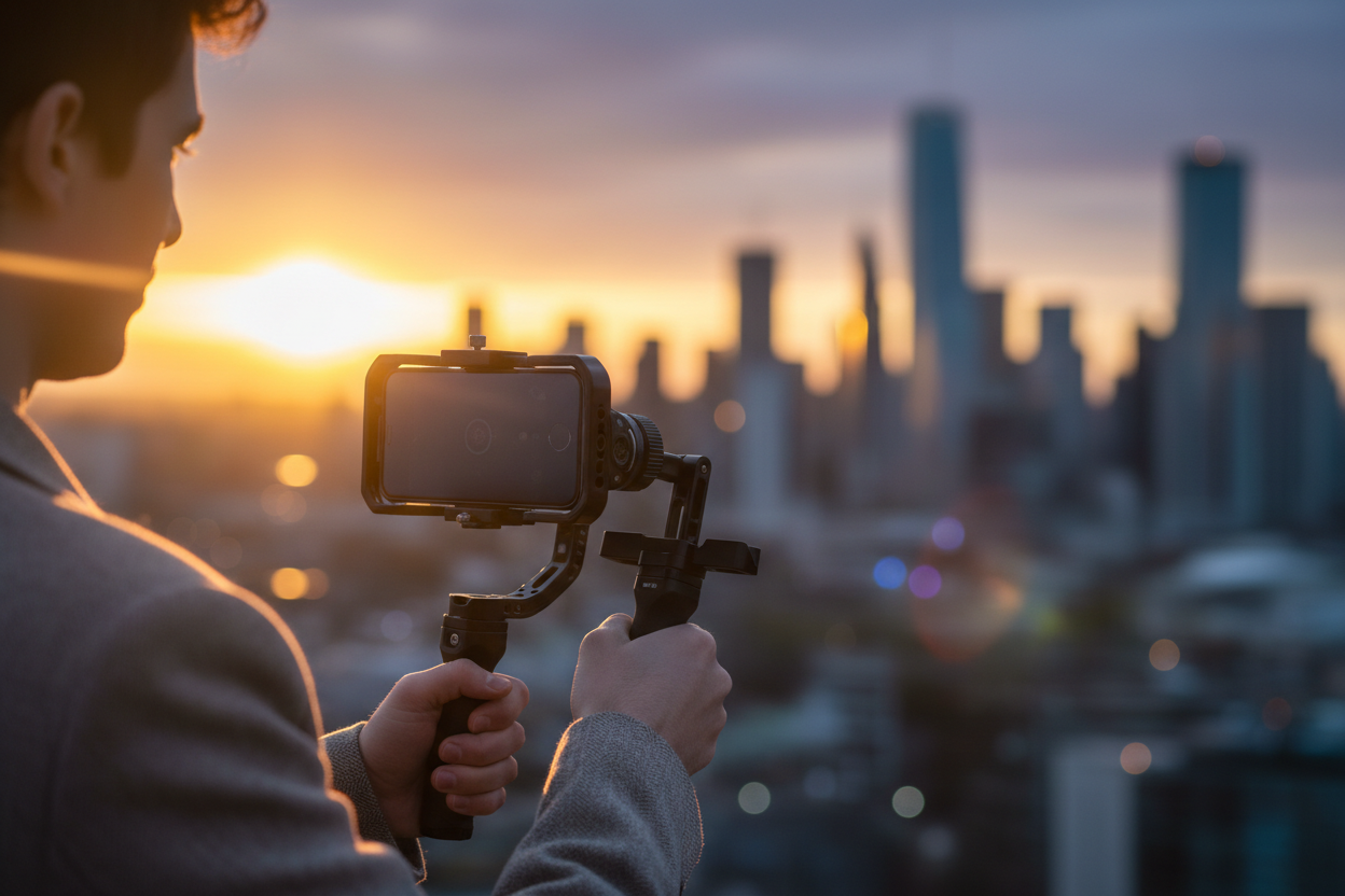 A high-quality smartphone rig used for cinematic mobile filmmaking, by Trail-Mate.