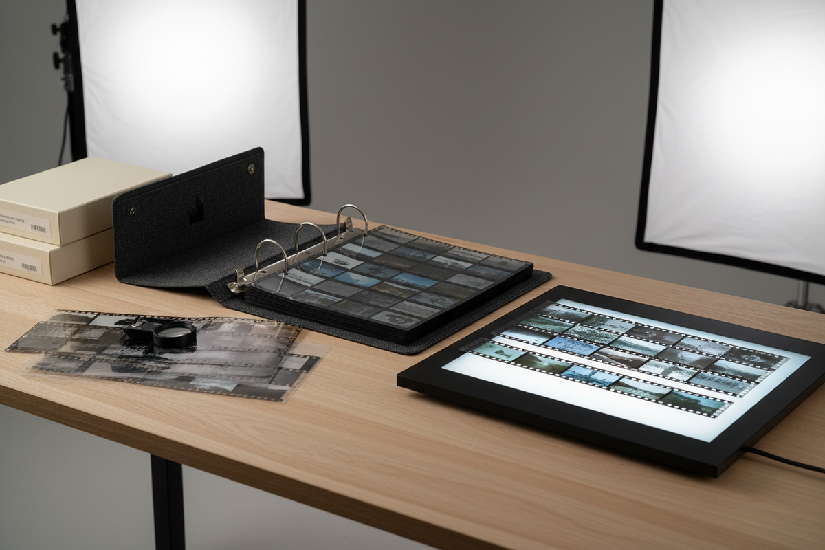 A professional film archive setup featuring archived pre-negative sleeves, film binders, and photo display stands, by Trail-Mate.