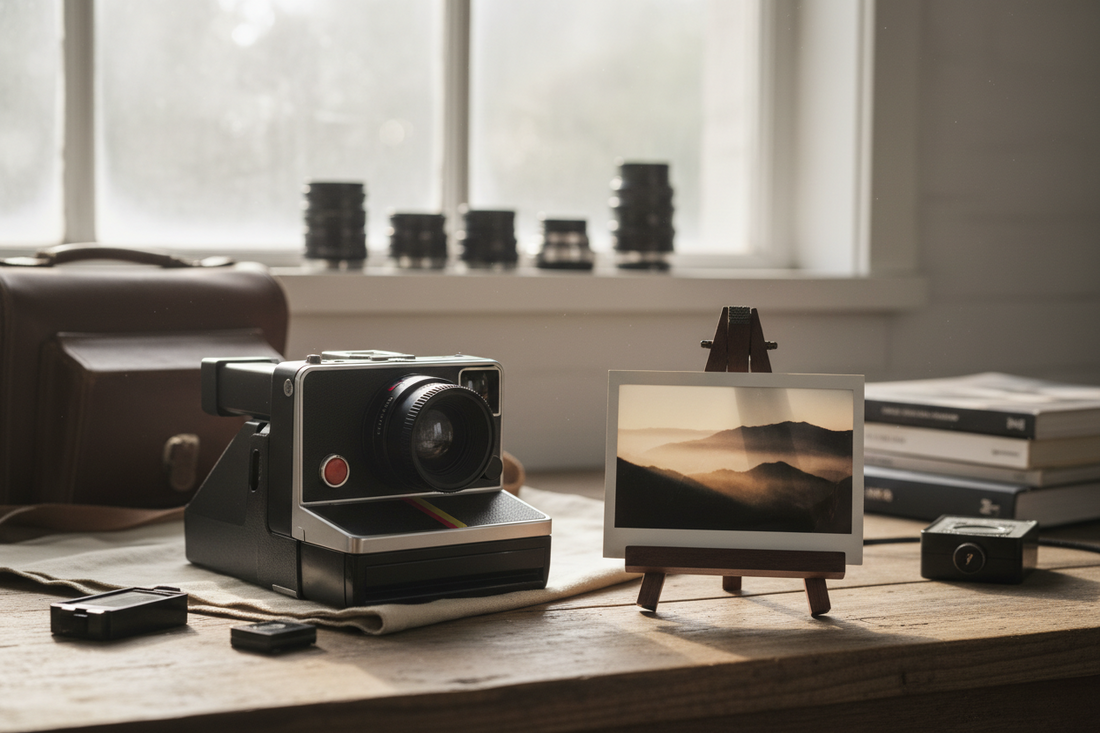 A professional analog setup featuring instant camera, instant film frames & mounts, and photo albums & record books, by Trail-Mate.