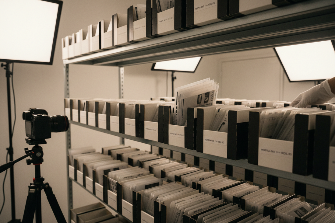 A professional archival photography setup featuring archived pre-negative sleeve, film binders, and photo print storage boxes, by Trail-Mate.
